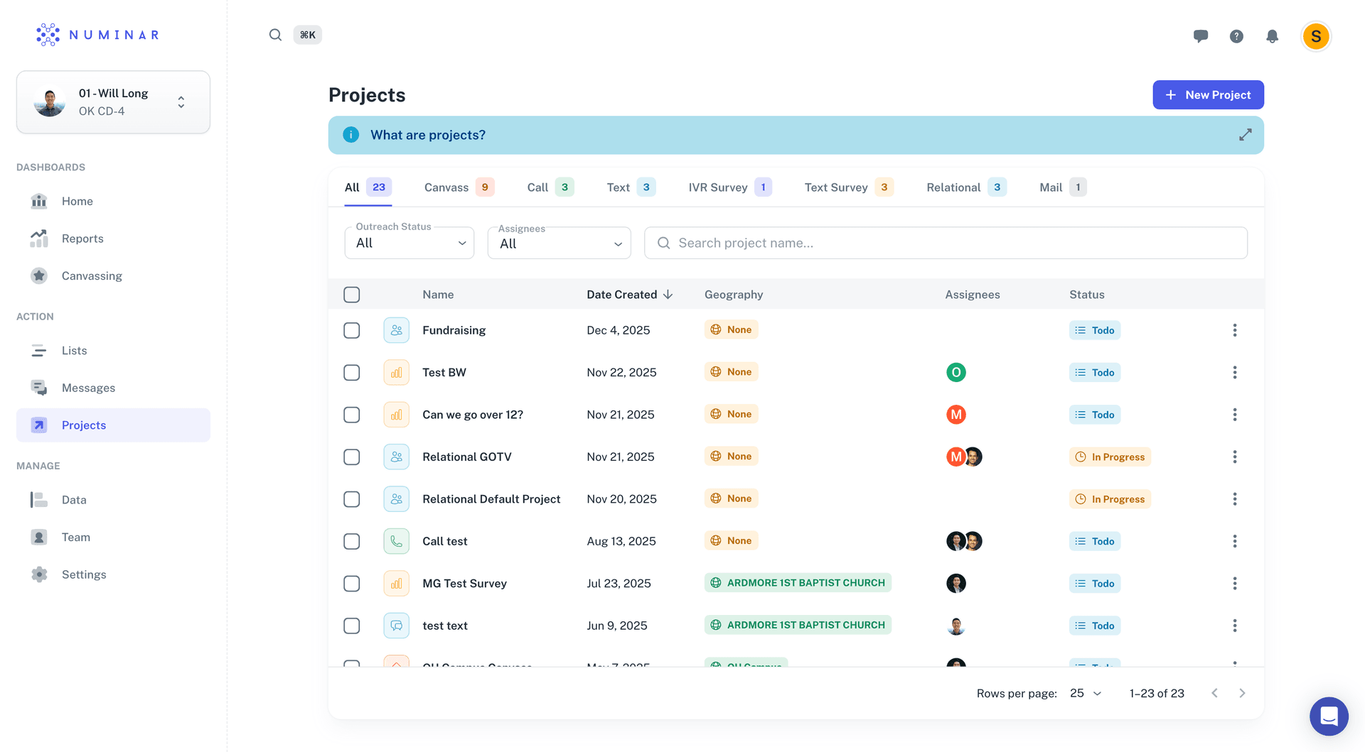 The old Numinar projects interface
