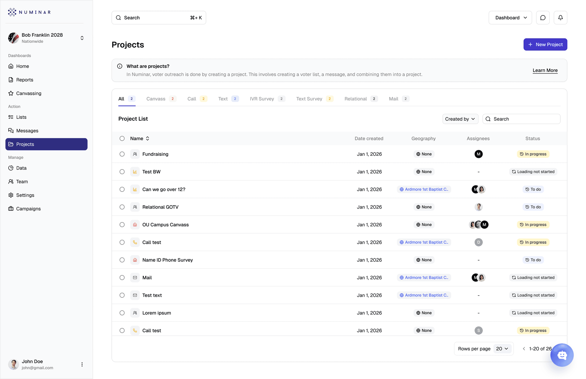 The redesigned Numinar projects interface