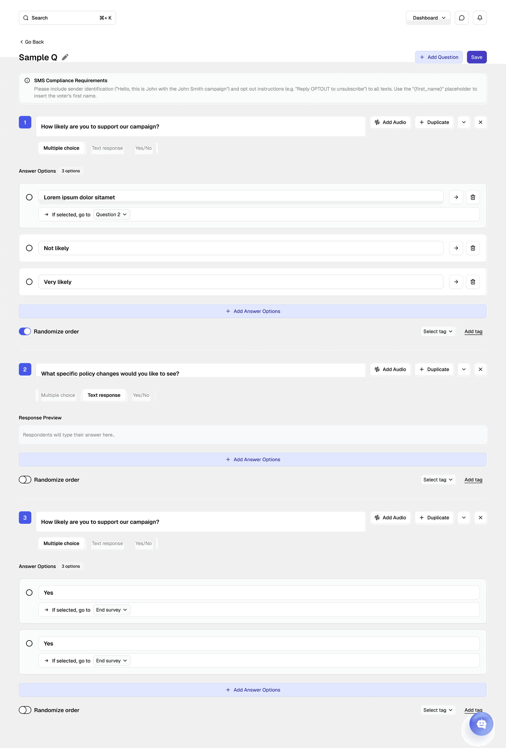 Scrollable Numinar survey builder interface