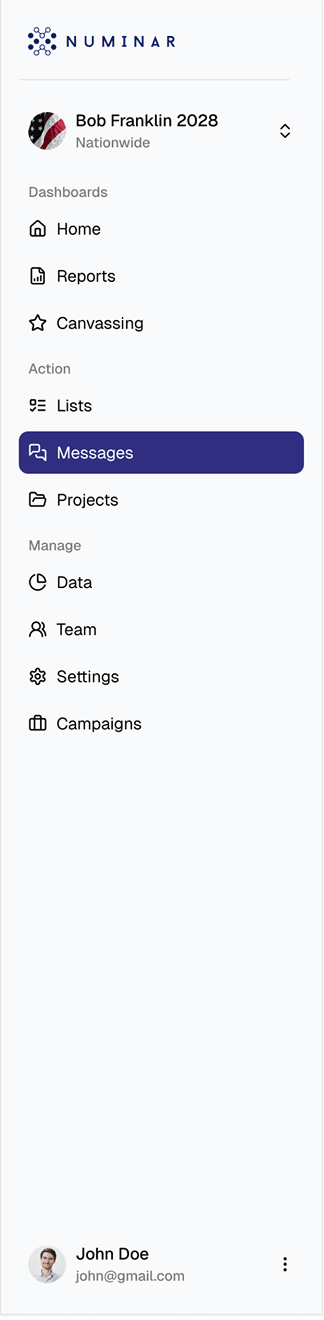 Numinar dashboard sidebar